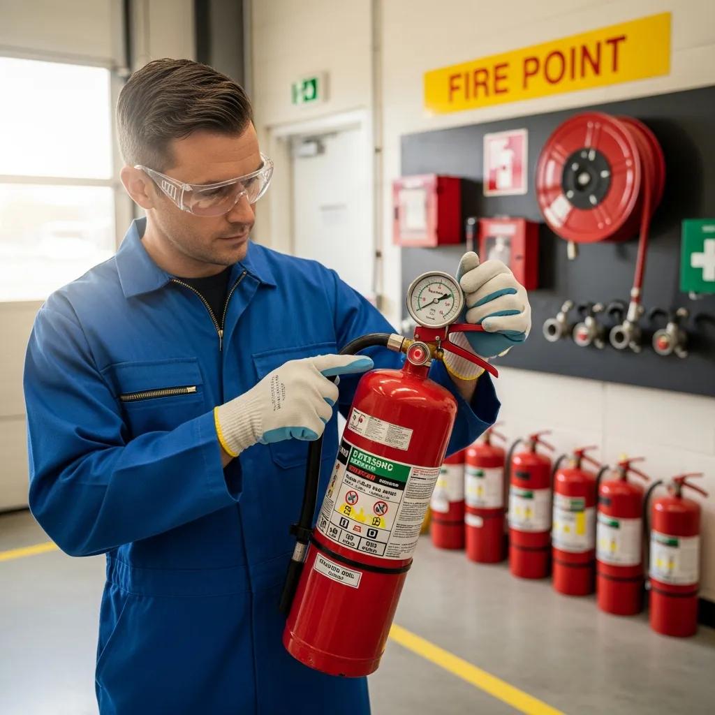 Certified technician checking a fire extinguisher's pressure gauge and accessibility