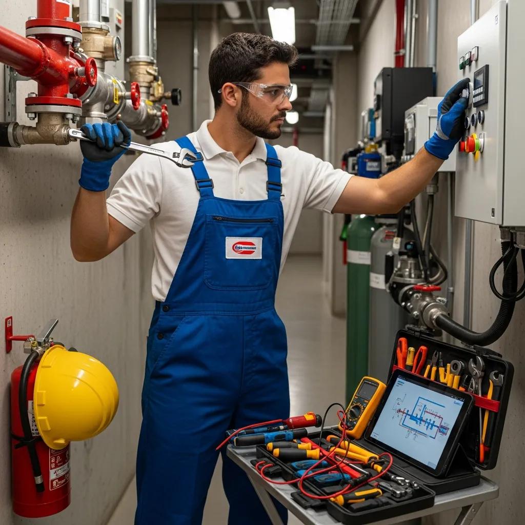Certified technician servicing a fire suppression system in a commercial building