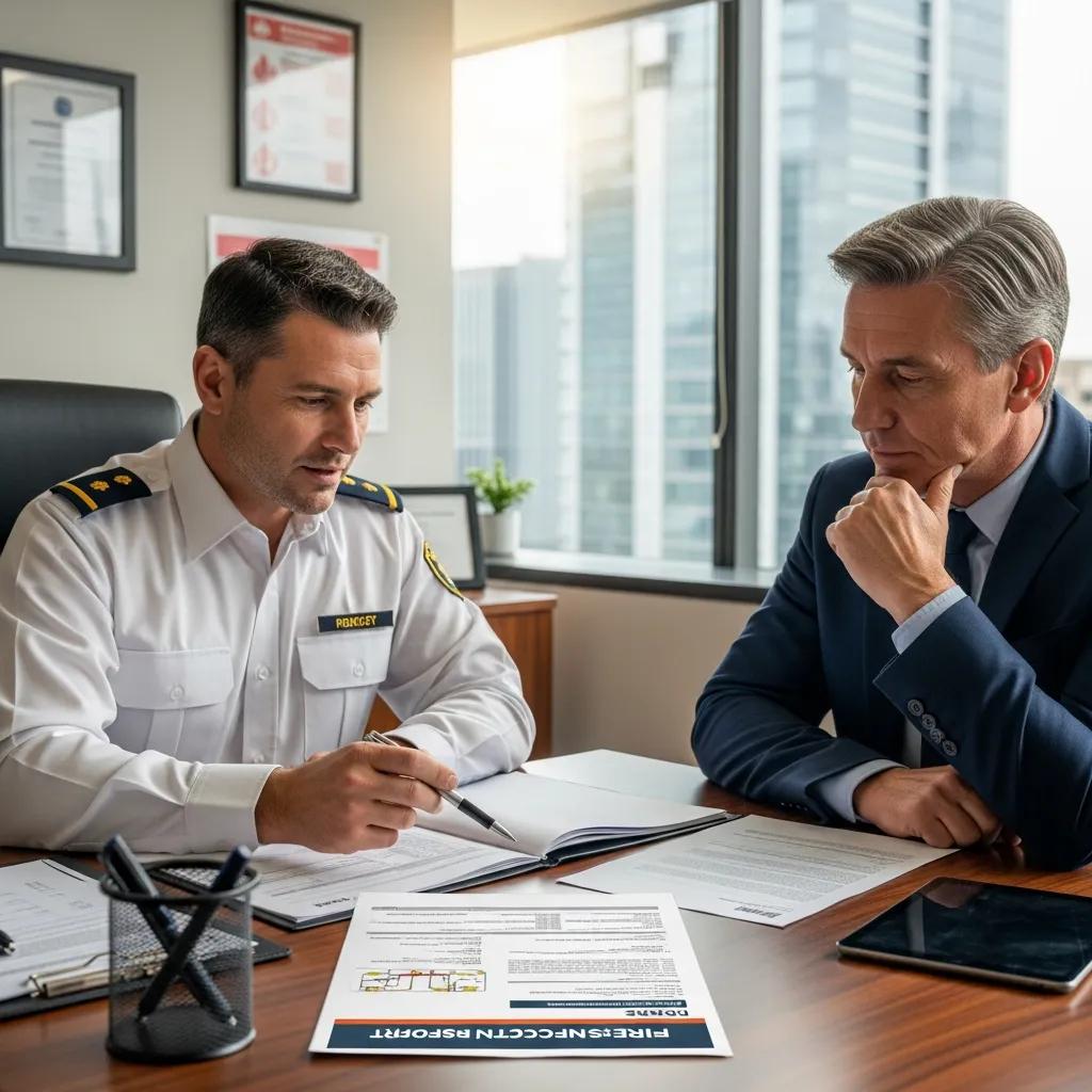 Client and fire safety inspector reviewing a detailed inspection report