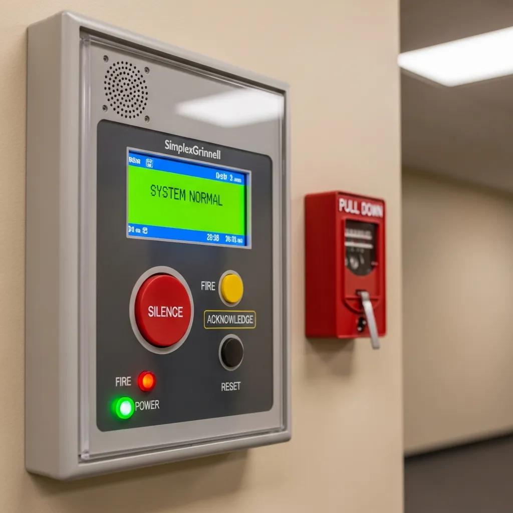 Close-up of a commercial fire alarm panel and sensors