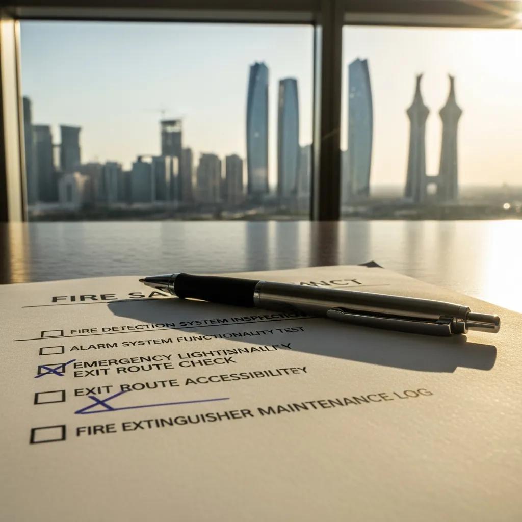 Close-up of a fire safety checklist and pen in a commercial building