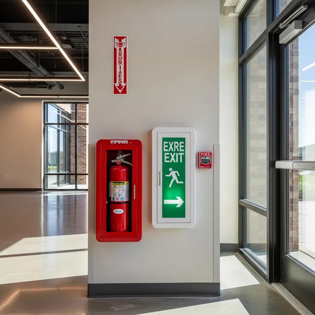 Commercial building showcasing fire safety equipment and emergency exits