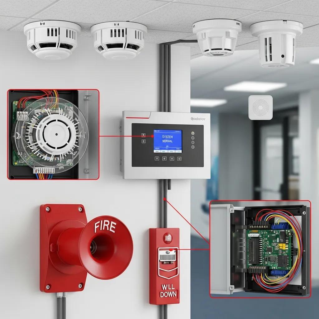 Commercial fire alarm system components, including smoke detectors and a control panel, illustrating essential safety technology