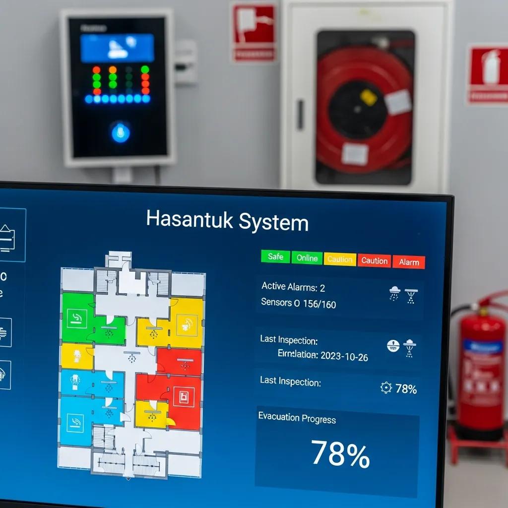 Hassantuk monitoring dashboard showing fire system connectivity and alerts