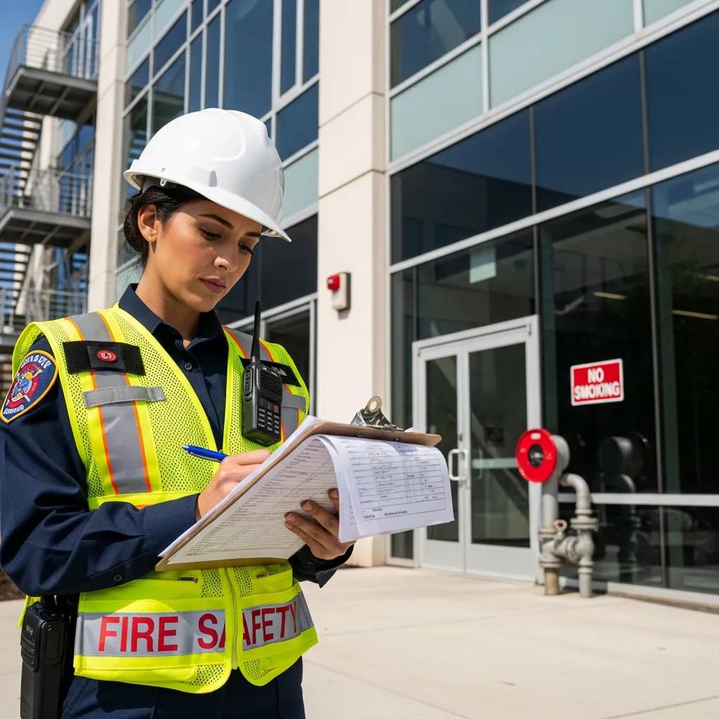 Fire inspector examining compliance paperwork outside a commercial property