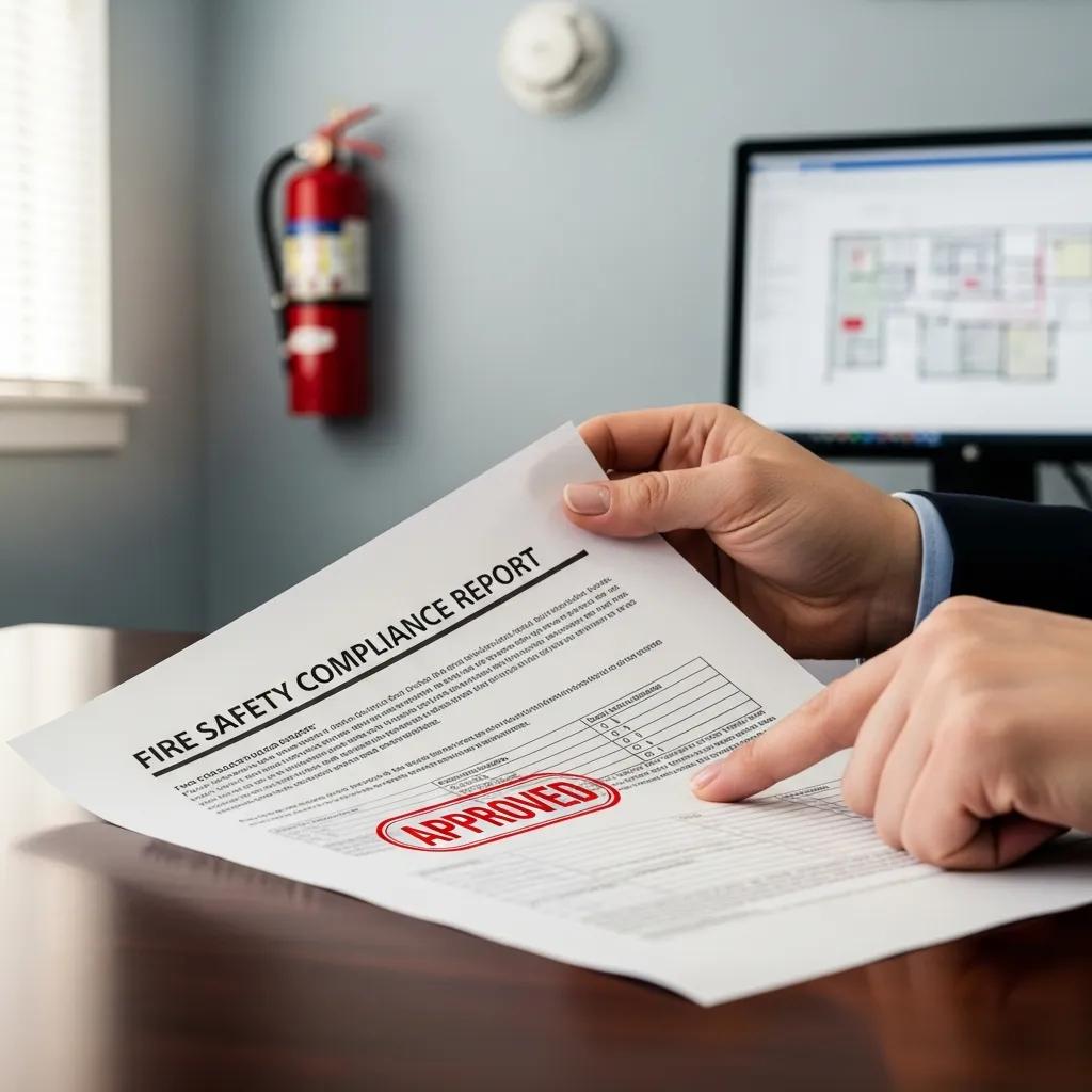 Reviewing fire safety compliance documents in a workplace