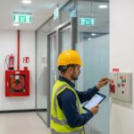 Fire safety inspection in Abu Dhabi with technician checking fire alarm systems