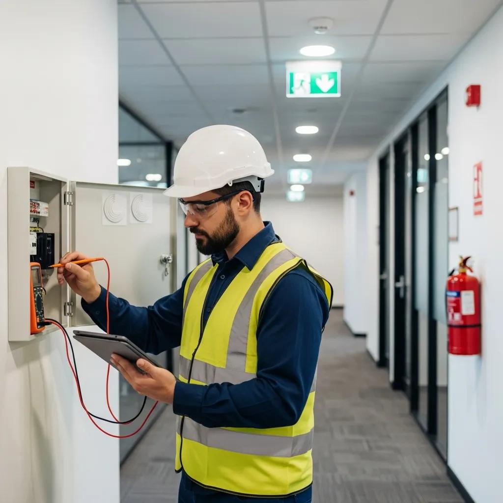 Fire safety inspection technician examining a fire alarm system in a commercial building