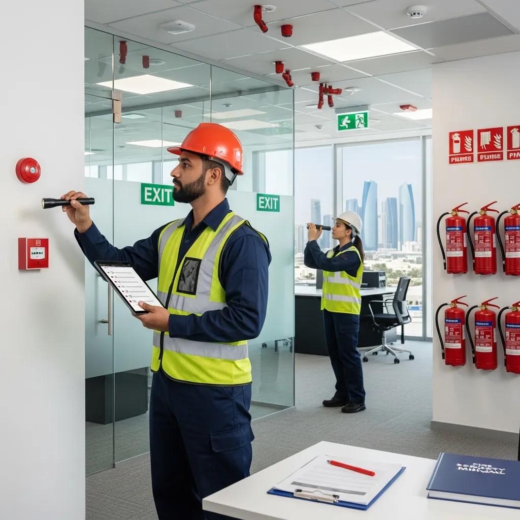 Fire safety inspection technician examining fire alarms and sprinklers in an Abu Dhabi office