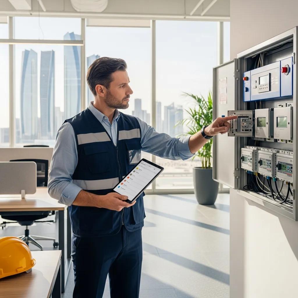 Fire safety inspector examining a fire alarm system in a commercial building in Abu Dhabi
