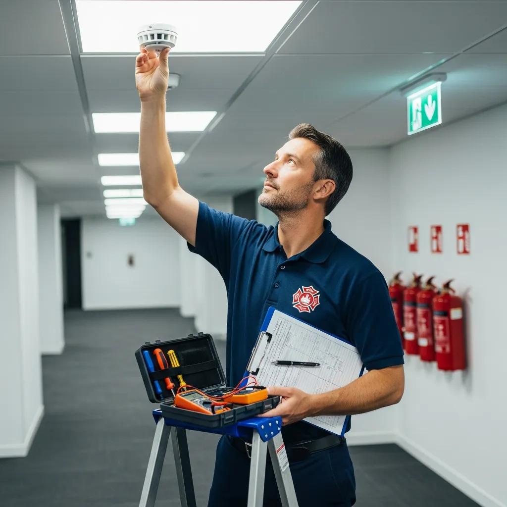 Inspector visually checking smoke detectors and control panels