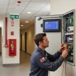 Fire system inspection in a commercial building with a technician checking a fire alarm control panel
