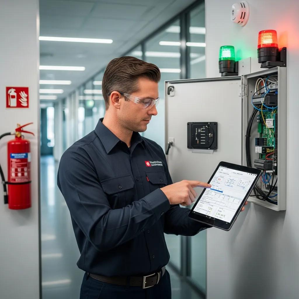 Fire system inspection technician checking alarm systems in a modern building
