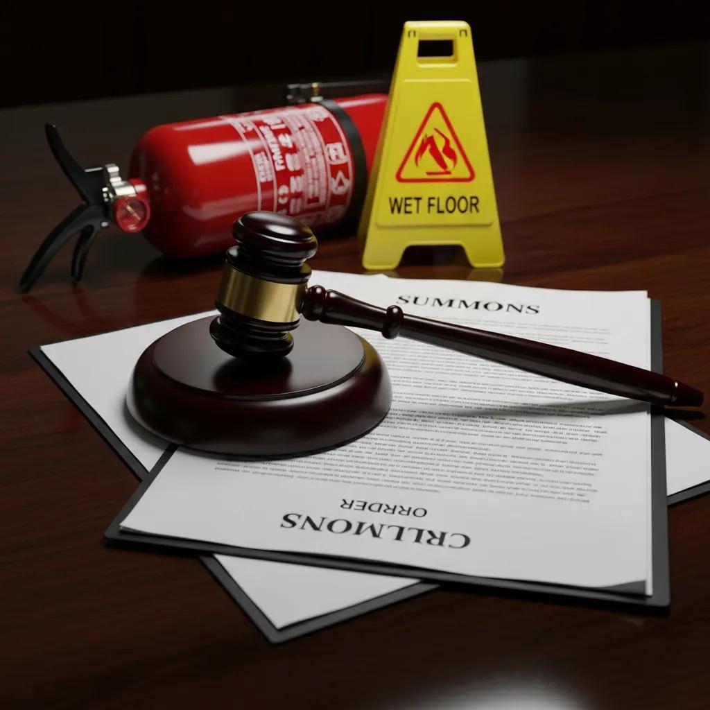 Gavel and compliance paperwork symbolising fire safety penalties in Abu Dhabi