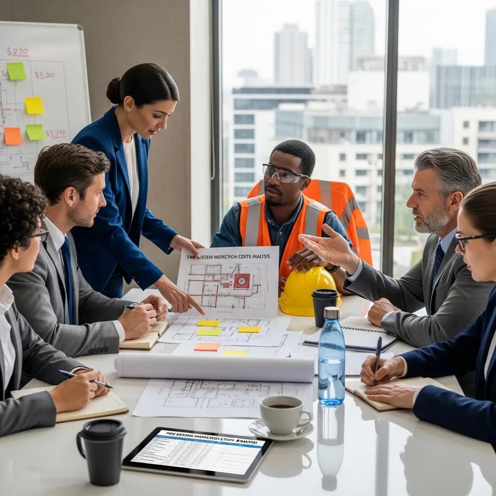 Team reviewing inspection costs with drawings and safety equipment in a modern workplace