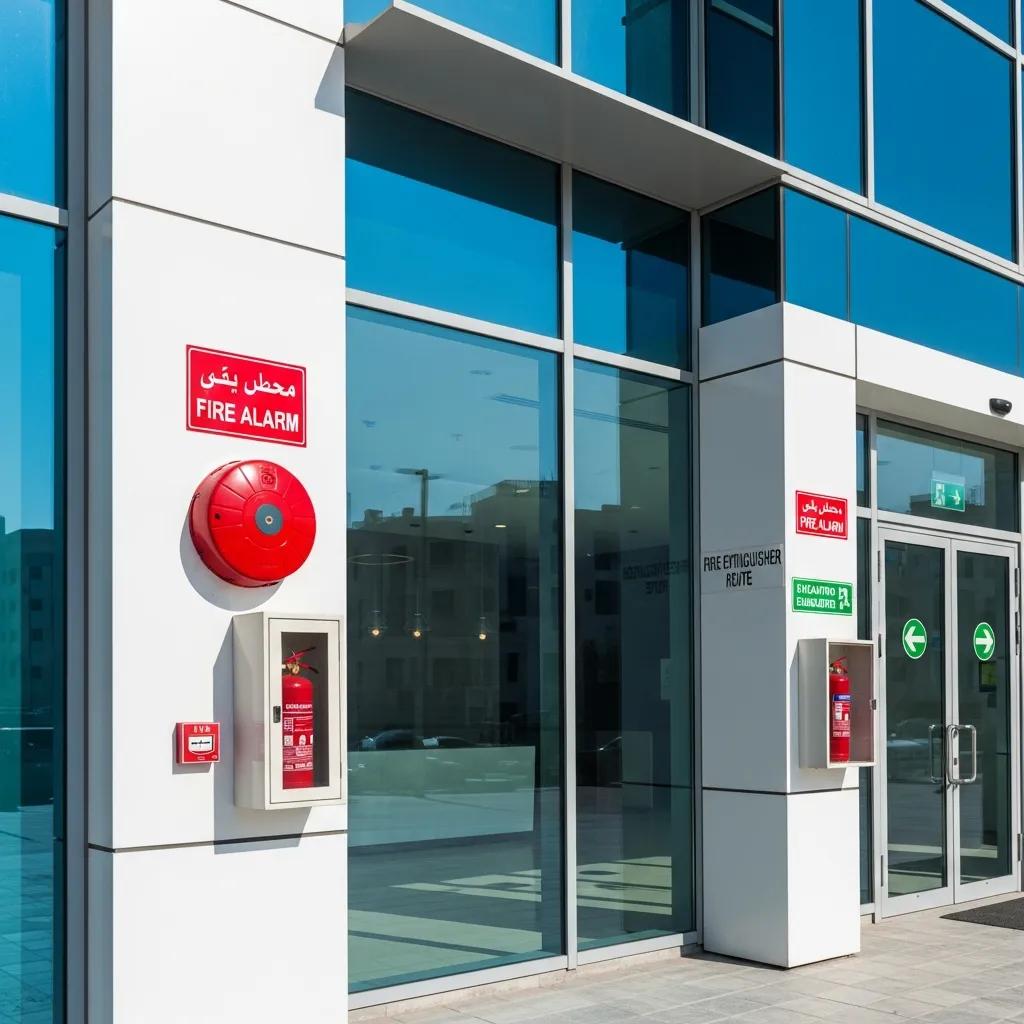 Modern commercial building in Abu Dhabi highlighting fire safety features