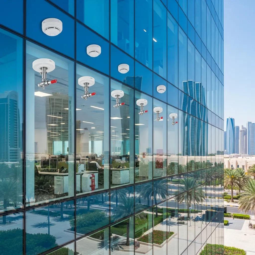 Modern office building in Abu Dhabi showcasing fire safety systems