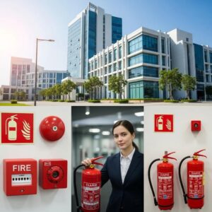 Modern office building showcasing fire safety equipment emphasizing compliance and safety