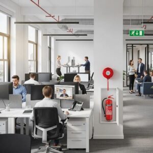 Modern office with fire safety equipment emphasizing compliance and safety