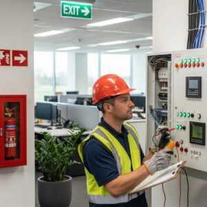 Professional inspecting a fire alarm system in a commercial building, emphasizing fire safety compliance