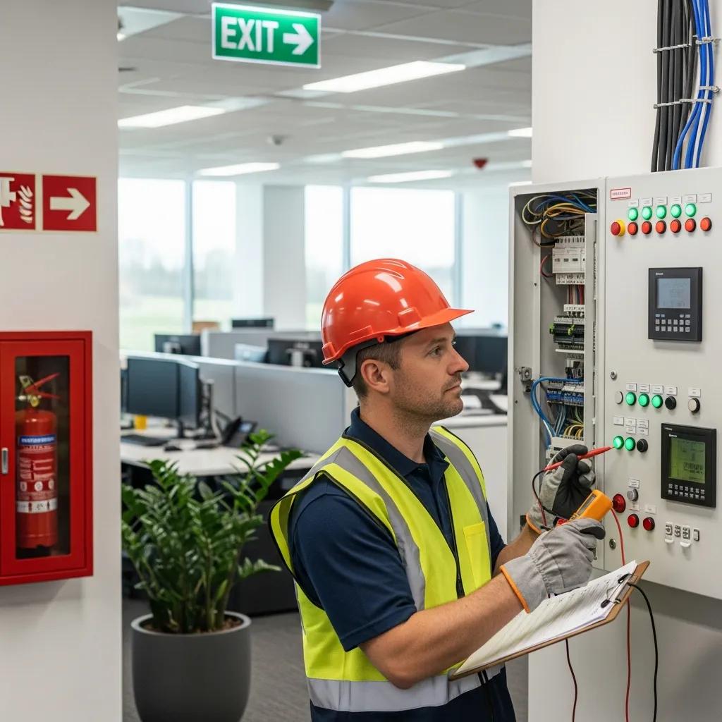 Professional inspecting a fire alarm system in a commercial building, emphasizing fire safety compliance