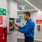 Professional inspecting a fire alarm system in a commercial building, emphasizing safety and compliance