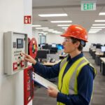 Professional inspecting a fire alarm system in a commercial setting