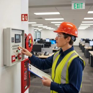 Professional inspecting a fire alarm system in a commercial setting