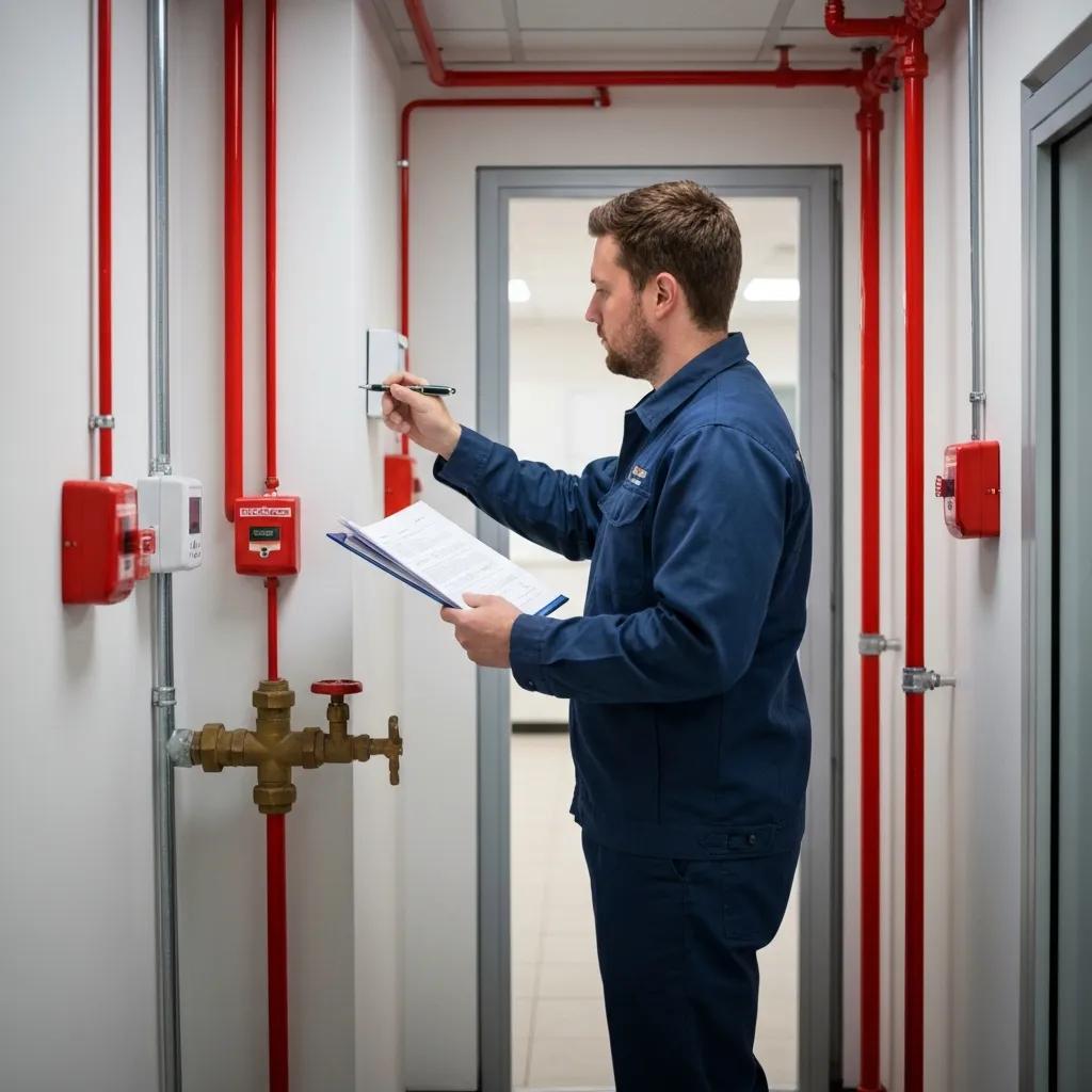 Technician performing a fire safety inspection inside a commercial building