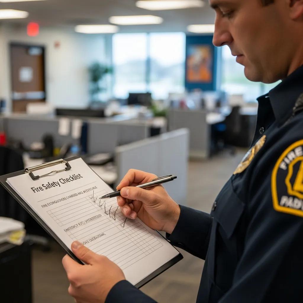 Inspector checking a commercial fire safety checklist beside alarm panels and extinguishers