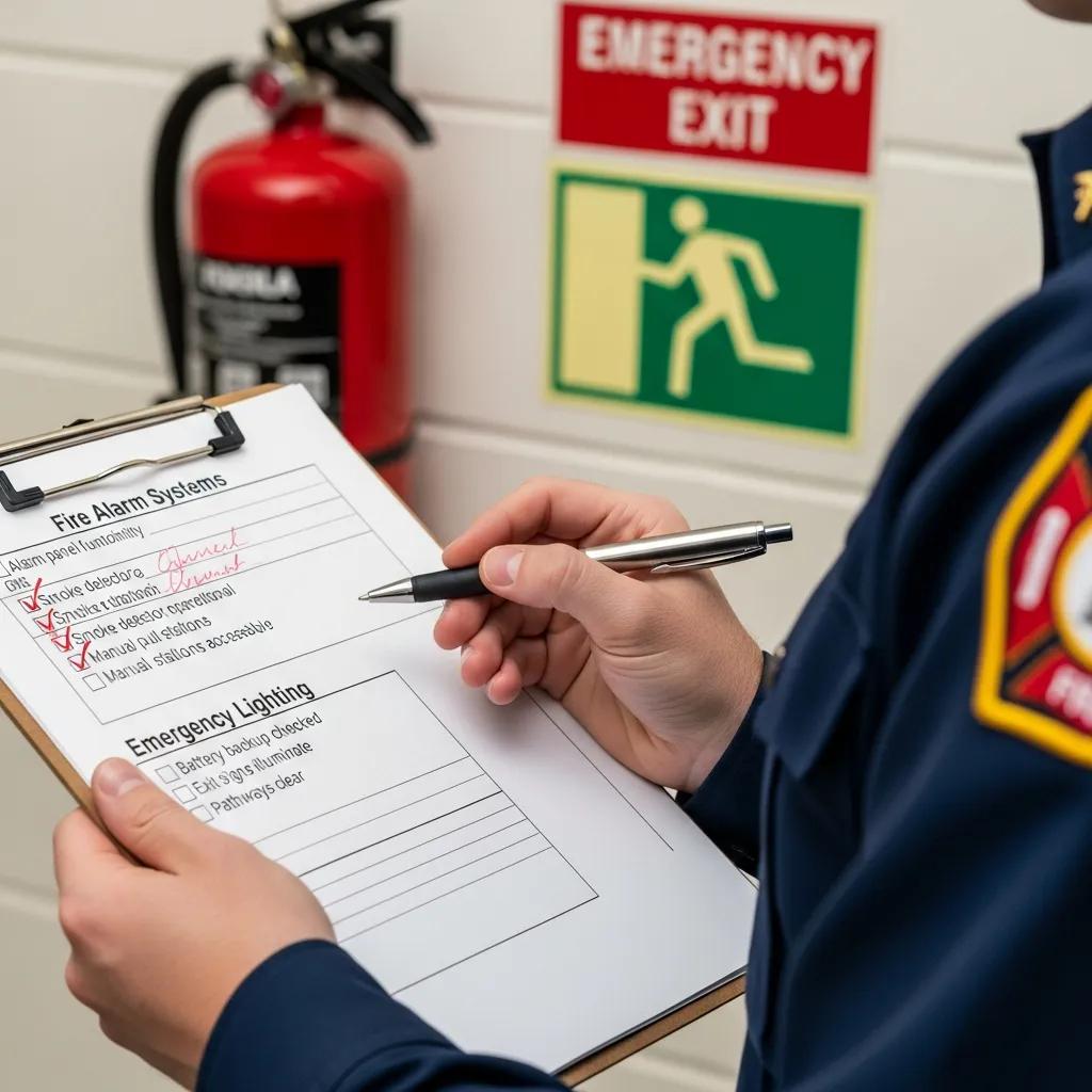 Safety officer checking a fire inspection checklist beside fire safety equipment