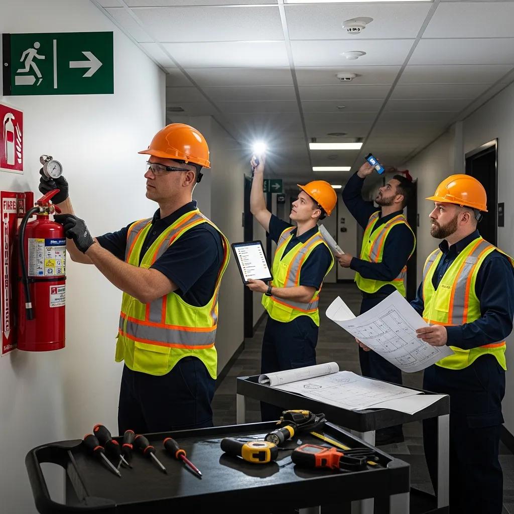 Inspection team checking fire extinguishers and emergency lights in a commercial property