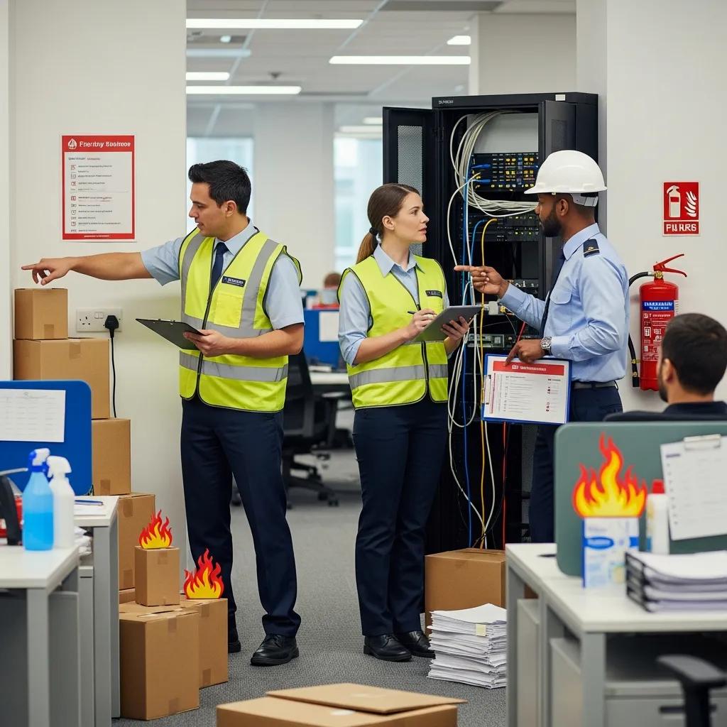 Team conducting a workplace fire risk assessment to identify hazards and controls