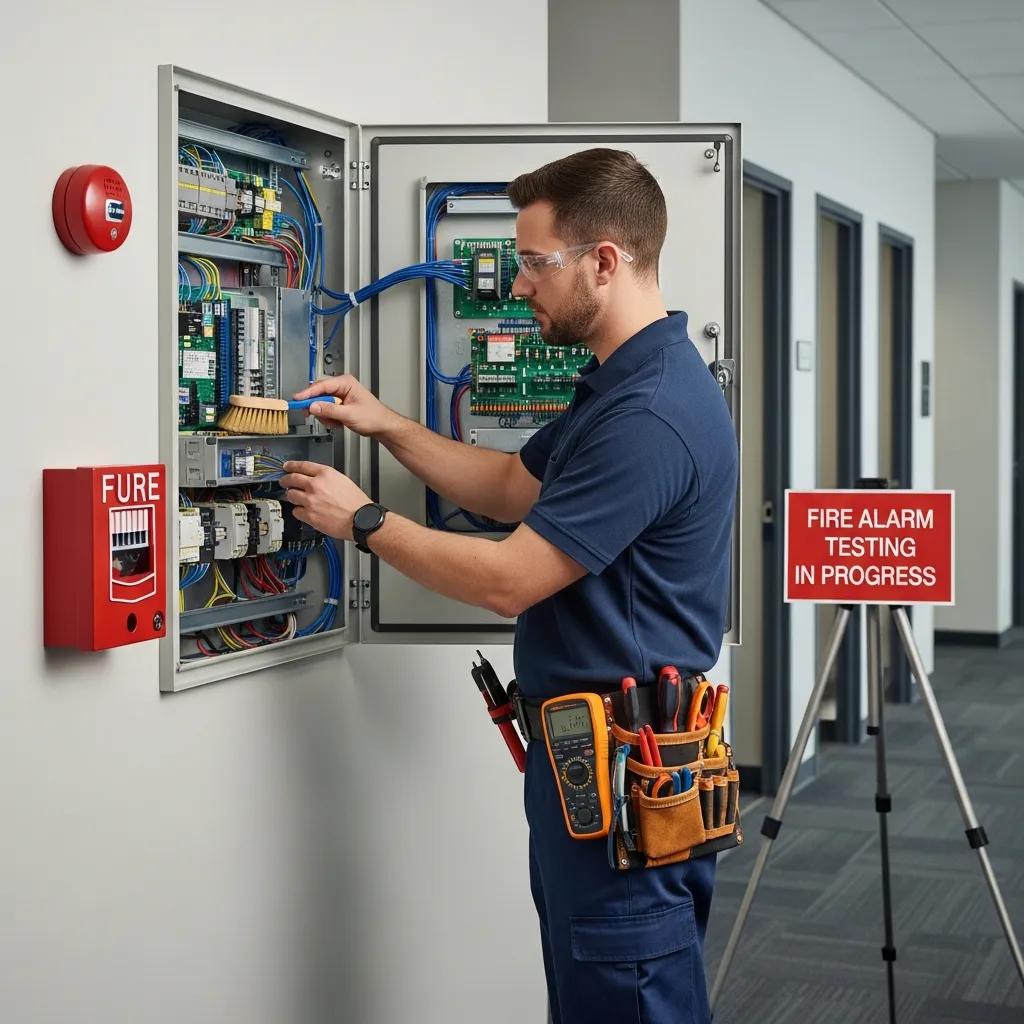 Technician servicing a fire alarm control panel during scheduled maintenance