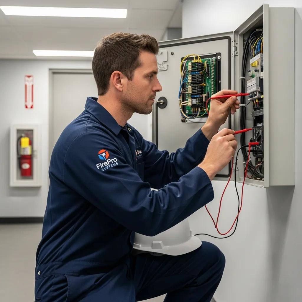 Technician servicing a commercial fire alarm panel during scheduled maintenance