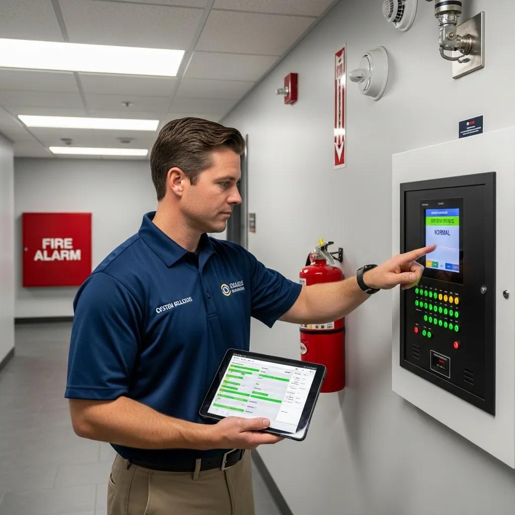 Technician inspecting a fire alarm system in a commercial building, emphasizing fire safety and compliance