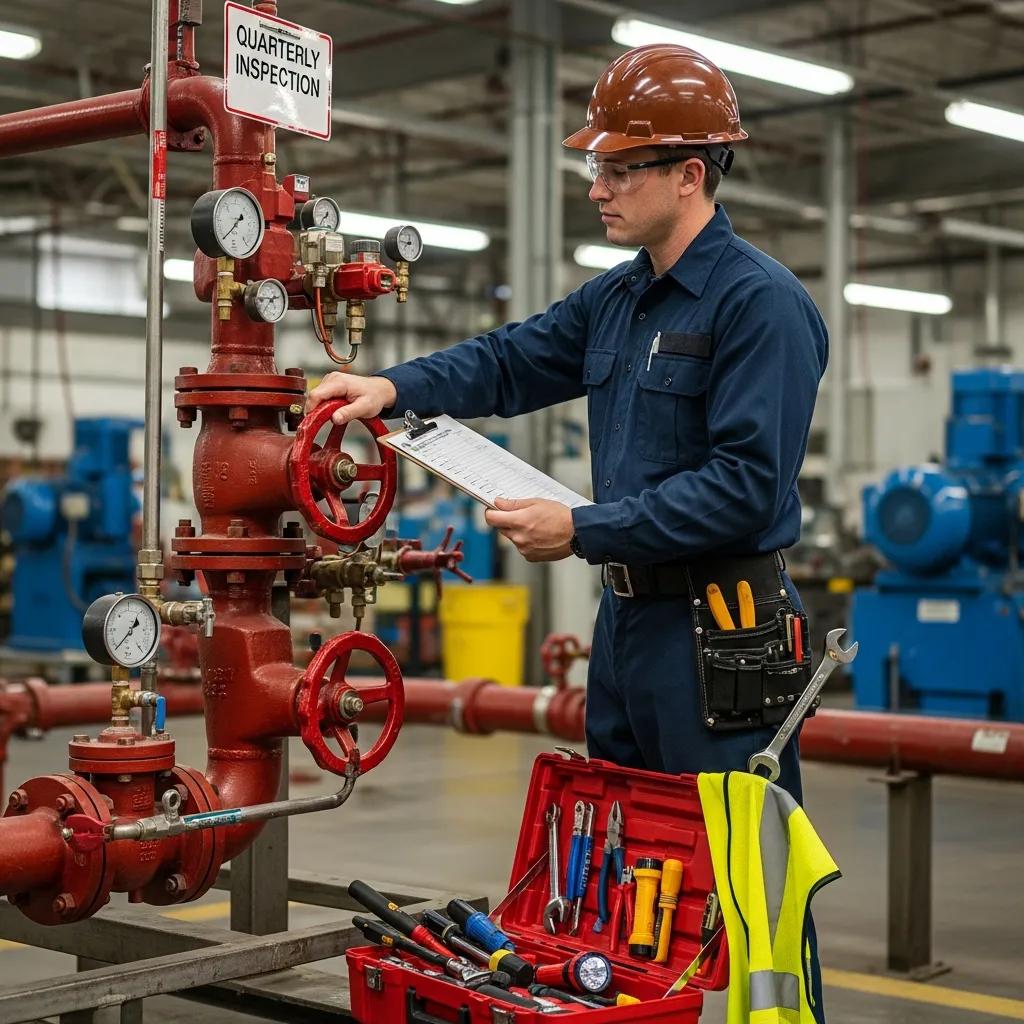 Technician checking sprinkler valves and gauges during routine quarterly maintenance