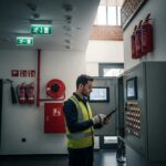 Technician inspecting fire alarm control panel during fire system test in Abu Dhabi