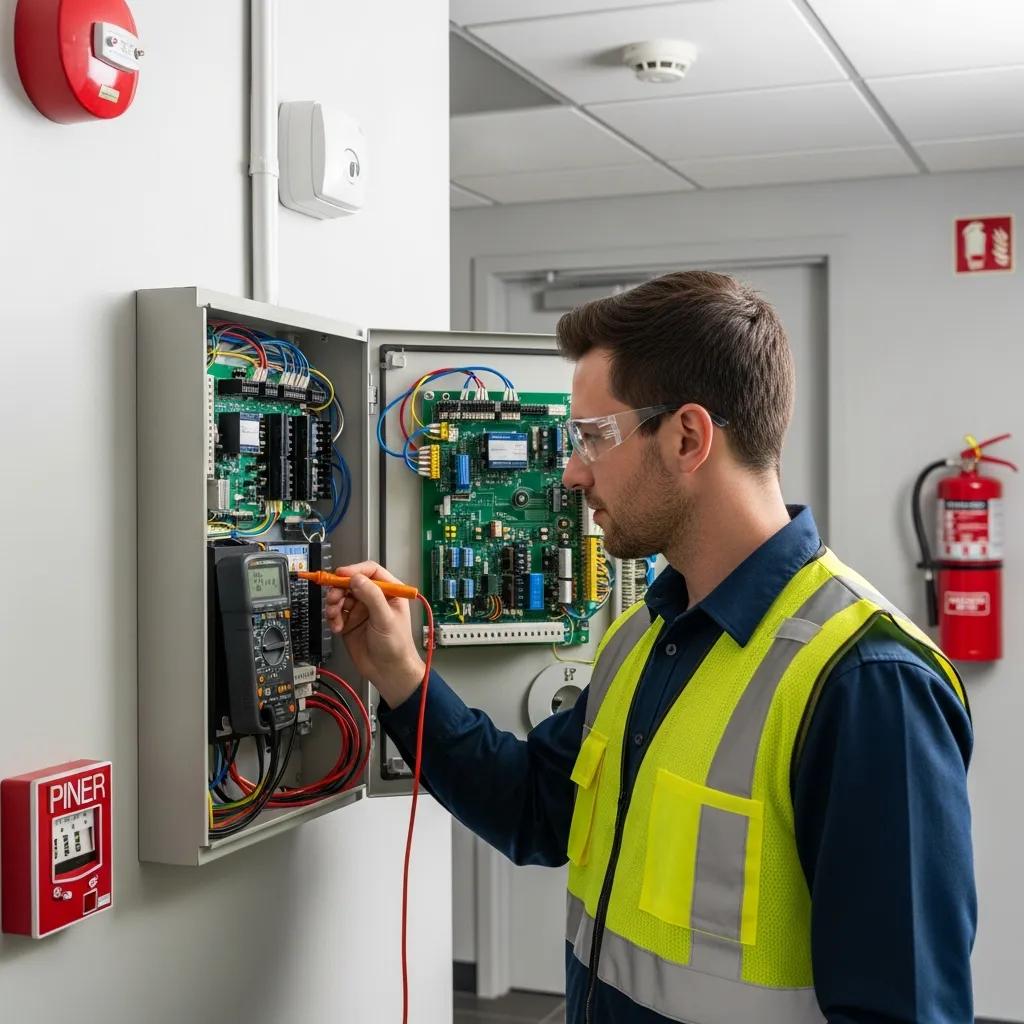 Fire alarm control panel being checked by a technician — key components and testing benefits