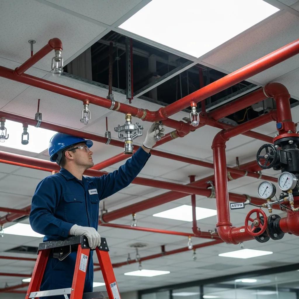 Technician inspecting sprinkler components to confirm system reliability and reduce potential damage