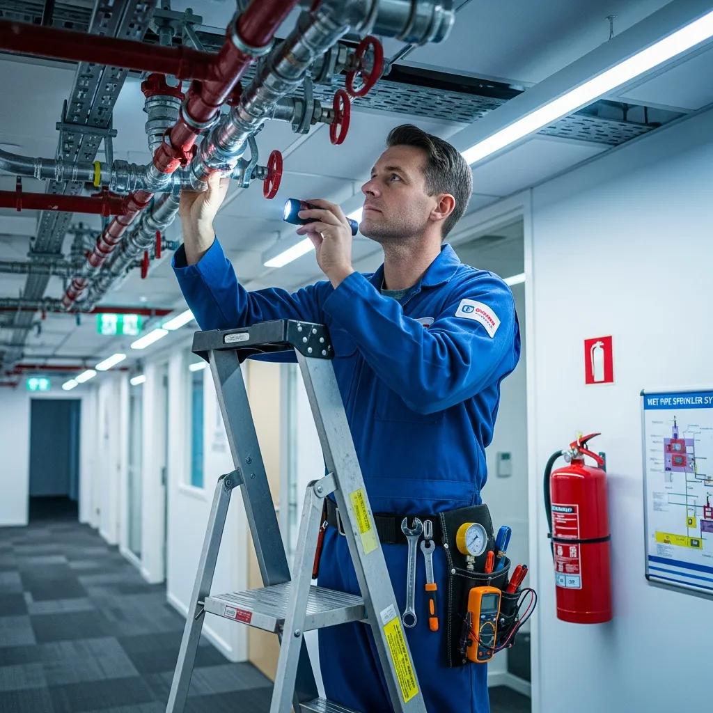 Technician servicing a commercial fire sprinkler head and valve