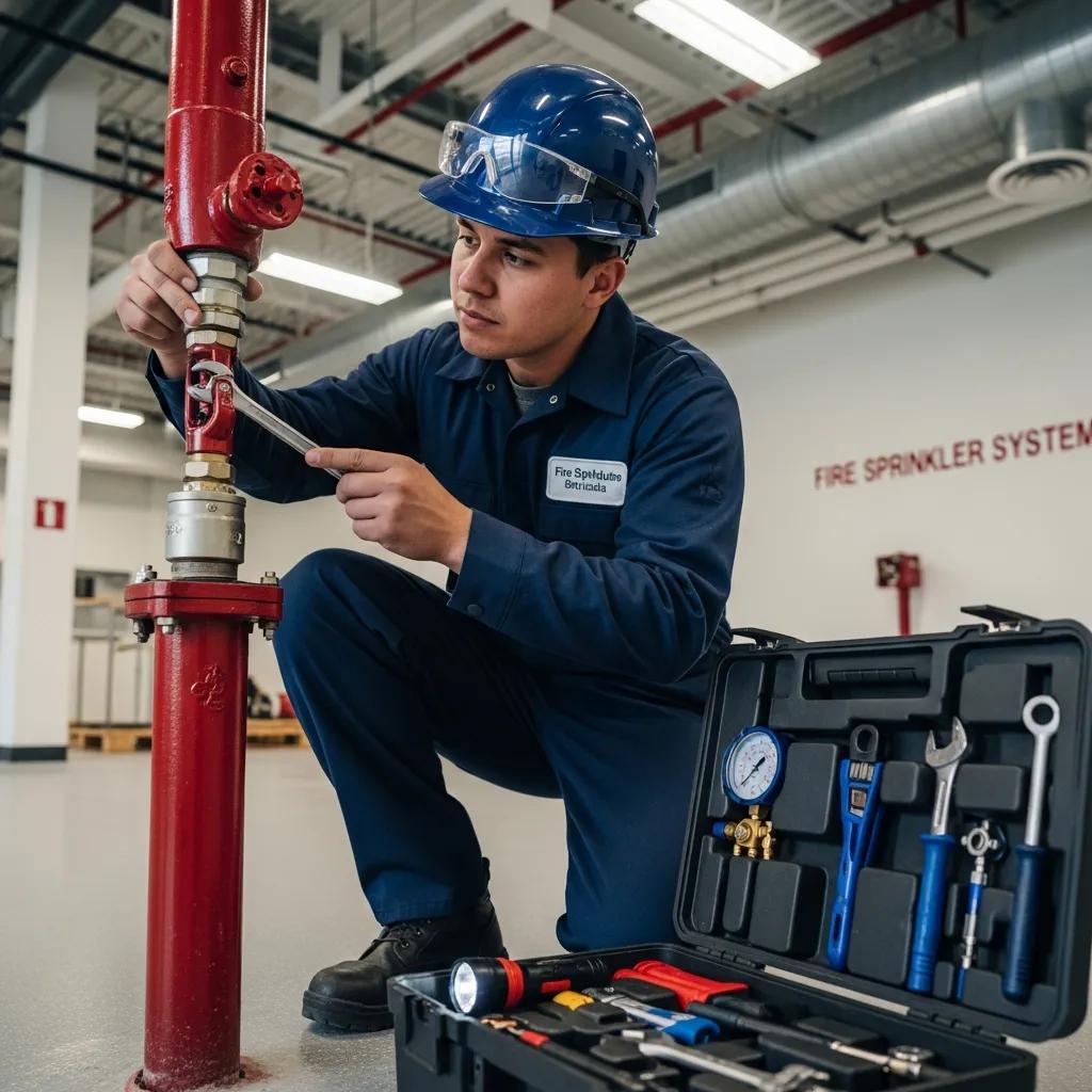 Technician inspecting a commercial fire sprinkler system