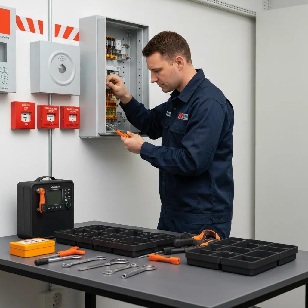Technician checking a fire alarm control panel during routine maintenance