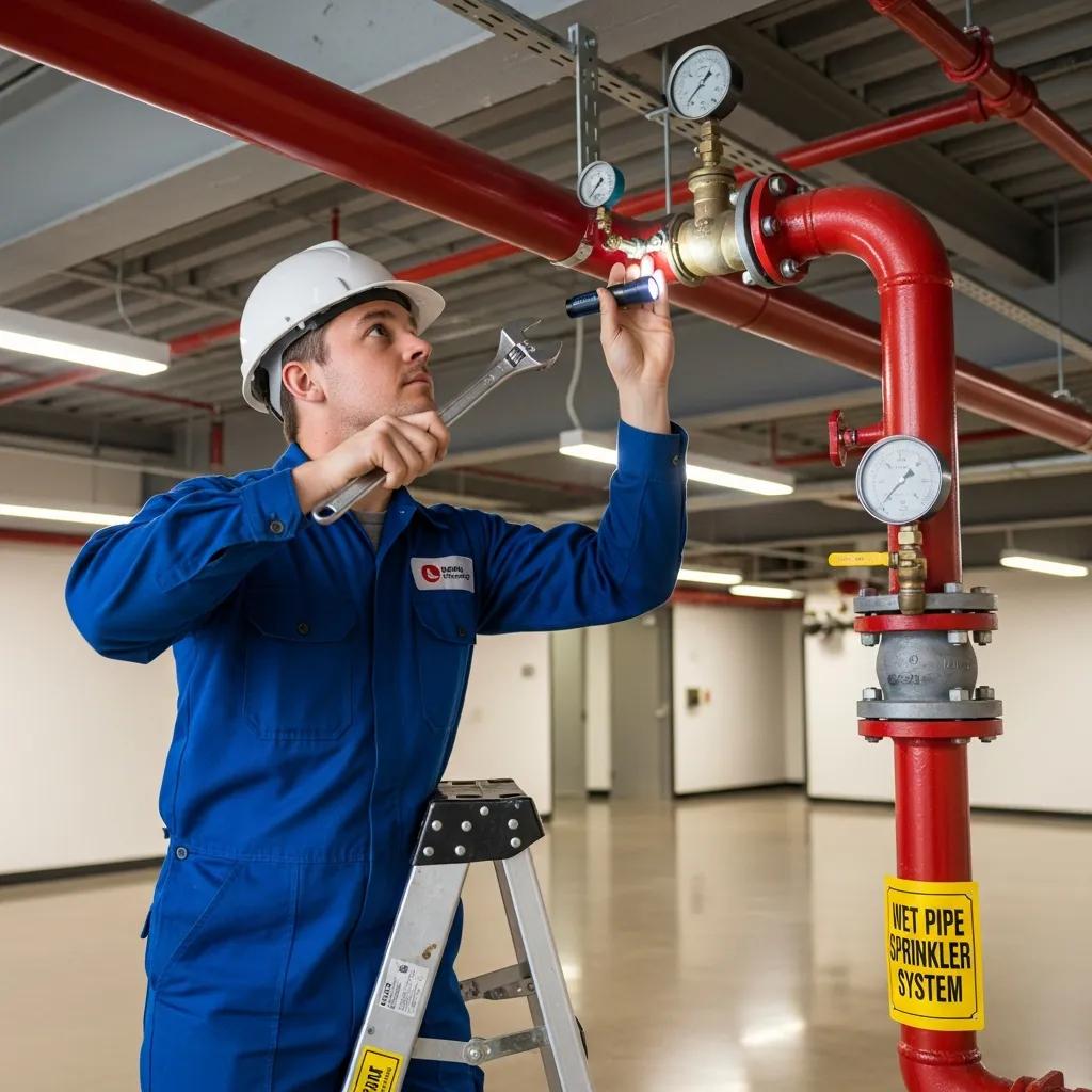 Technician performing maintenance on a fire sprinkler system, demonstrating the value of professional compliance services