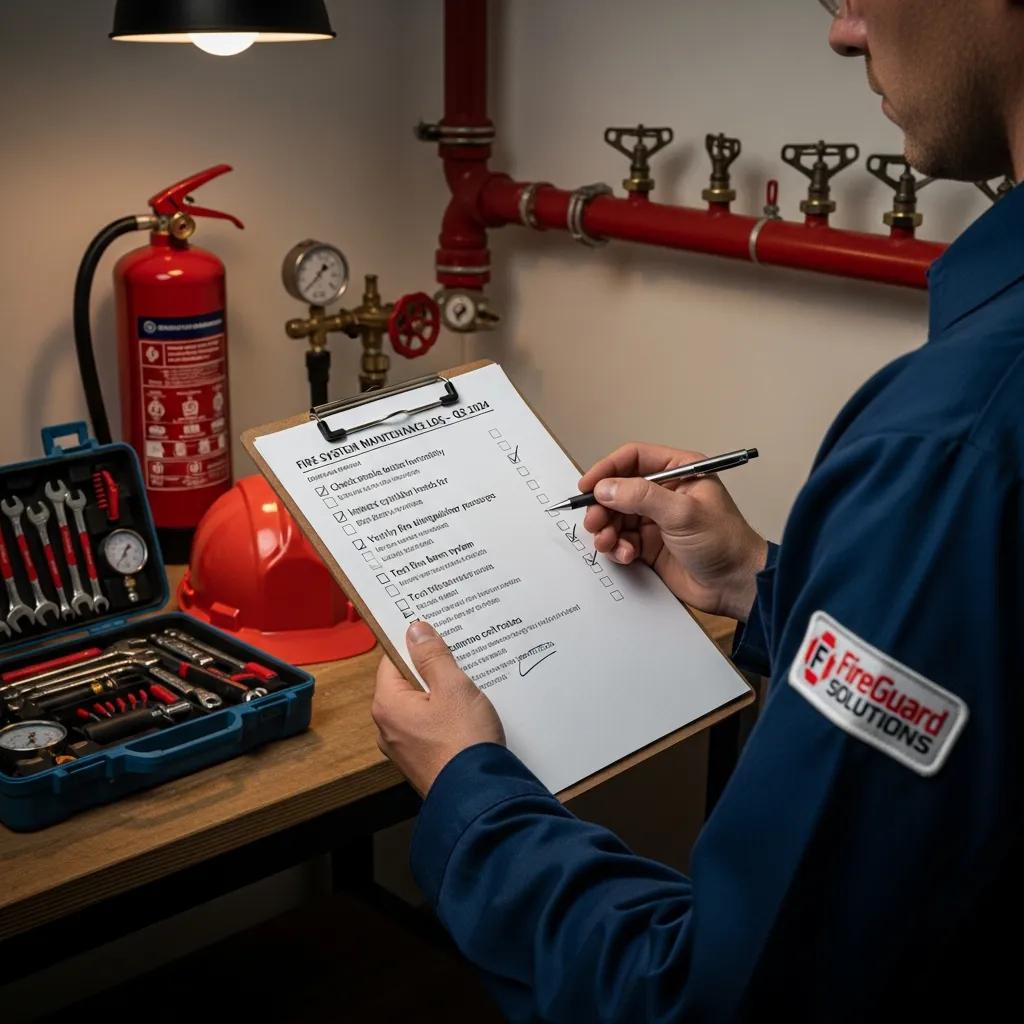 Technician checking a maintenance checklist for a fire system to ensure thorough inspections