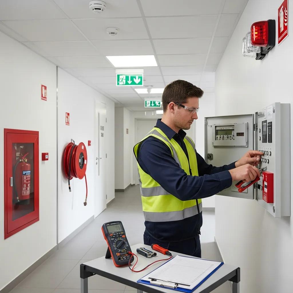 Technician performing a fire alarm test in a commercial property