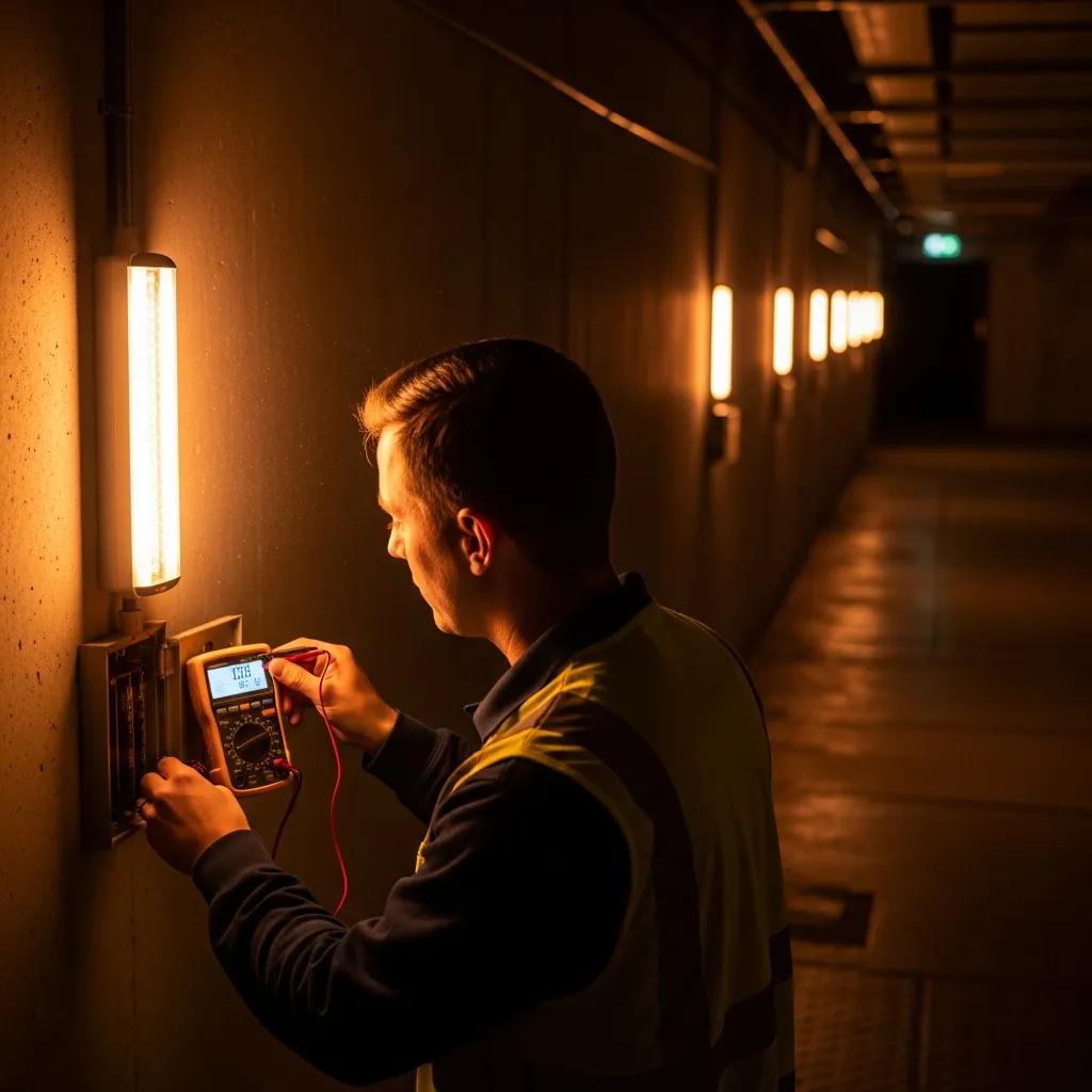 Technician testing emergency lighting in a corridor to verify compliance