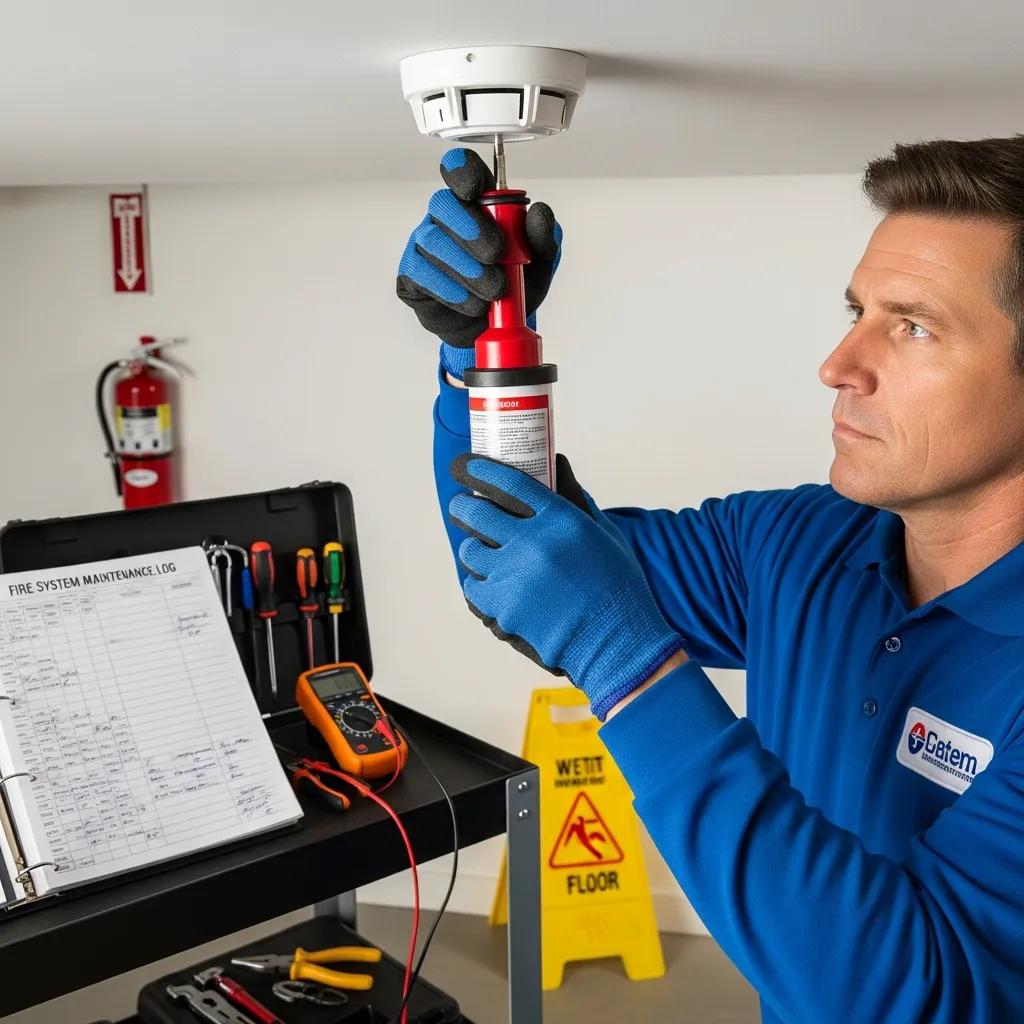 Technician conducting a smoke detector test during a fire system inspection