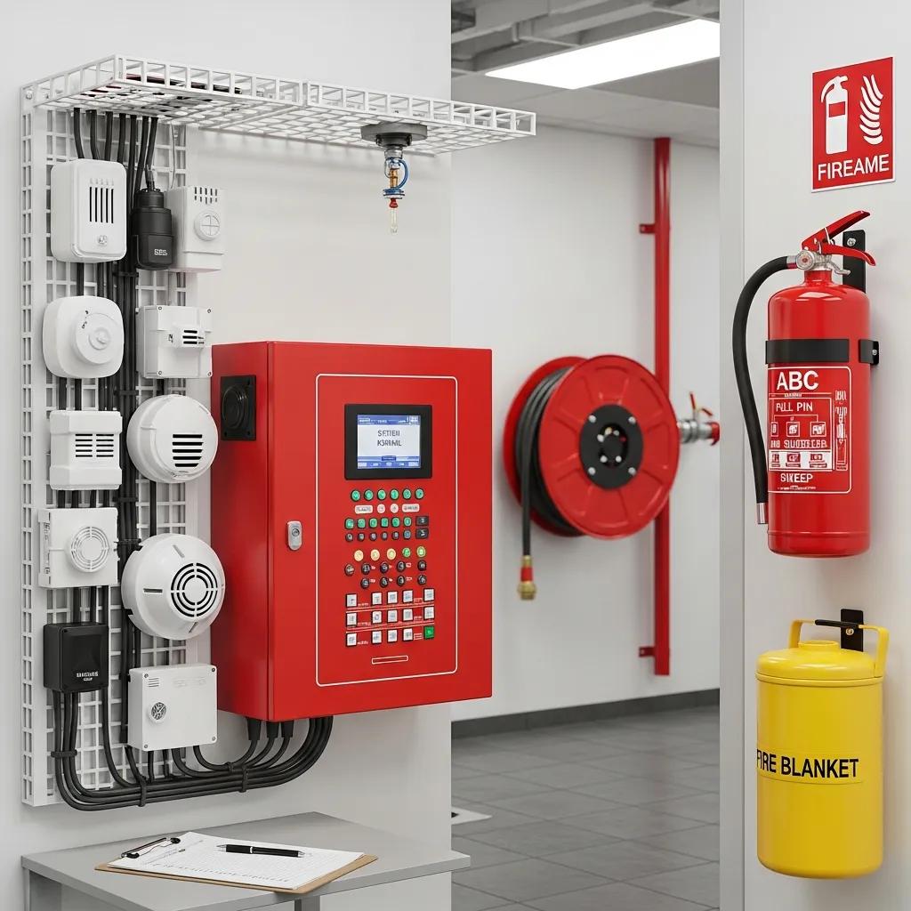 Collection of fire safety equipment: alarms, sprinklers and extinguishers in a modern facility
