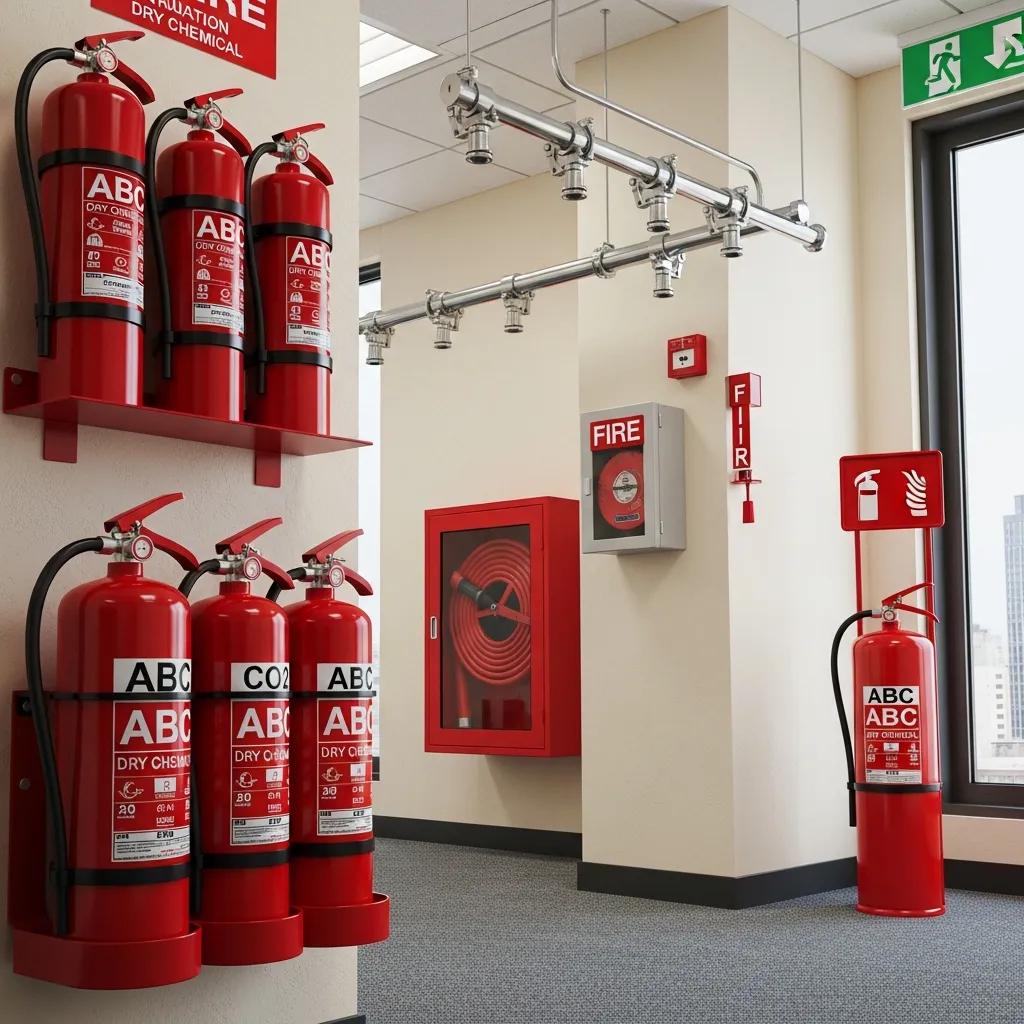 Assorted firefighting equipment in a commercial facility